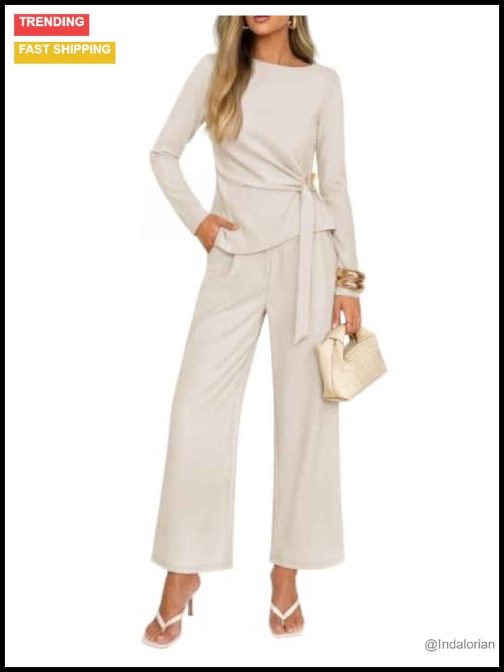 Women's 2 Piece Knit Pant Set Boat Neck Ruched Tie Asymmetrical Wide Leg